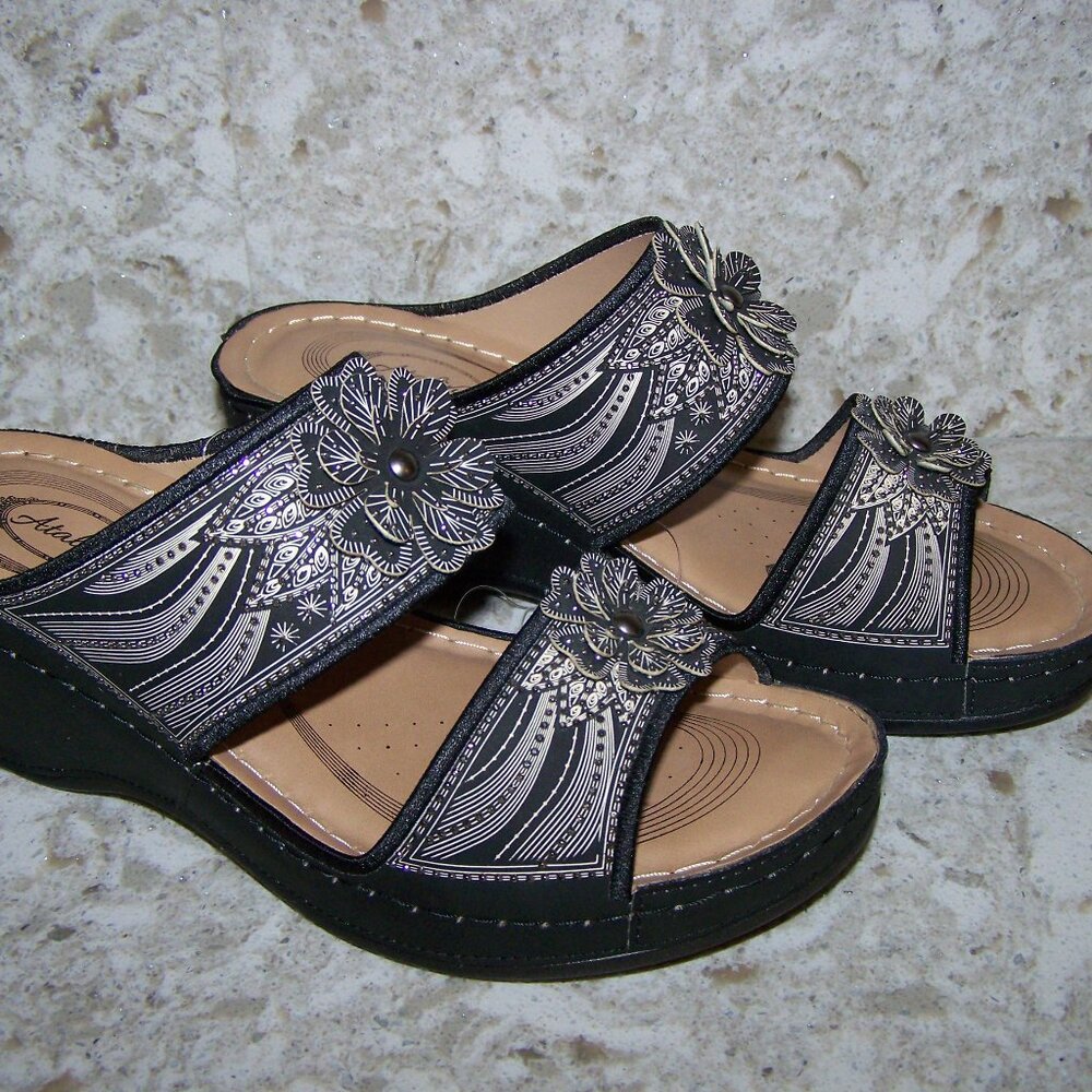 Atalina Shoes 7.5 Black Flower with Silver Studs